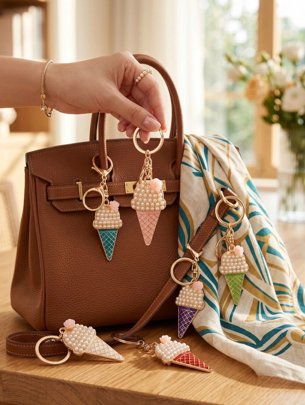 Pearl Ice Cream Cone Keychain Bag Charms - Assorted Colors